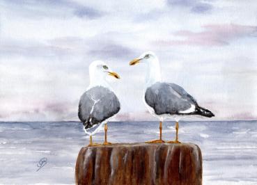 Postkarte DIN-A6  Aquarell Maritim Kunst Druck Dänemark Nordsee Ostsee Düne Dünen Meer Möwe Möwen Strand